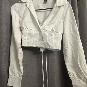 SHEIN White Cropped Tie Front Button Down Shirt